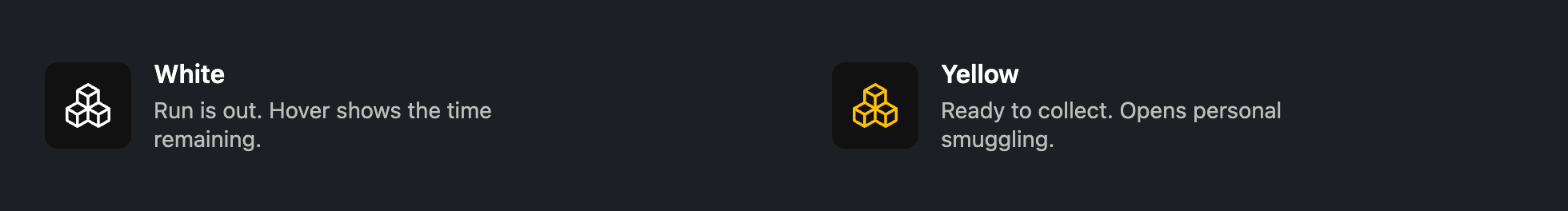 Personal smuggling status icon. White means the run is still out. Yellow means it is ready to collect.