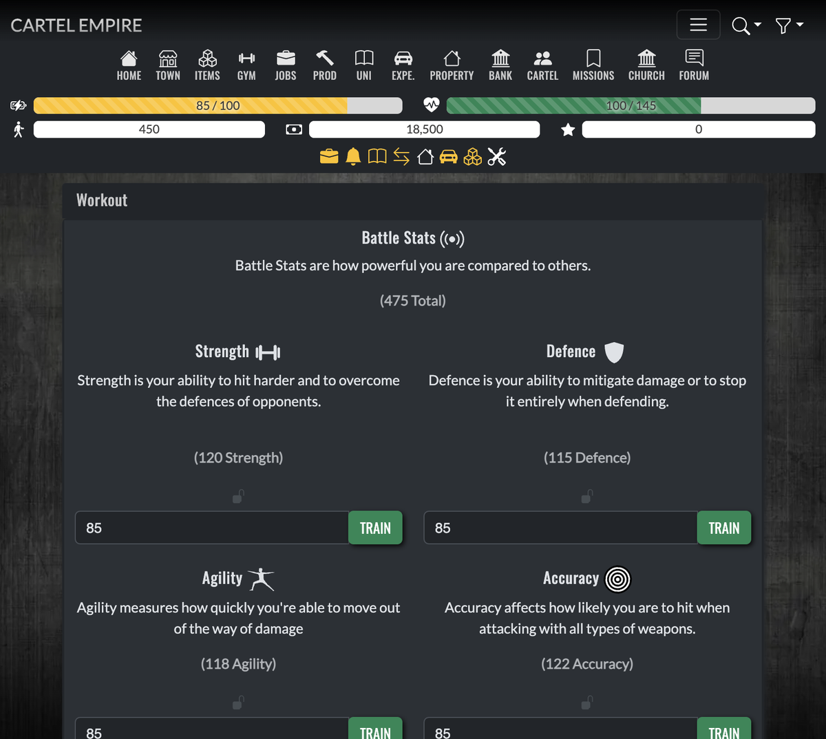 Gym Workout page with Strength, Defence, Agility, and Accuracy training controls