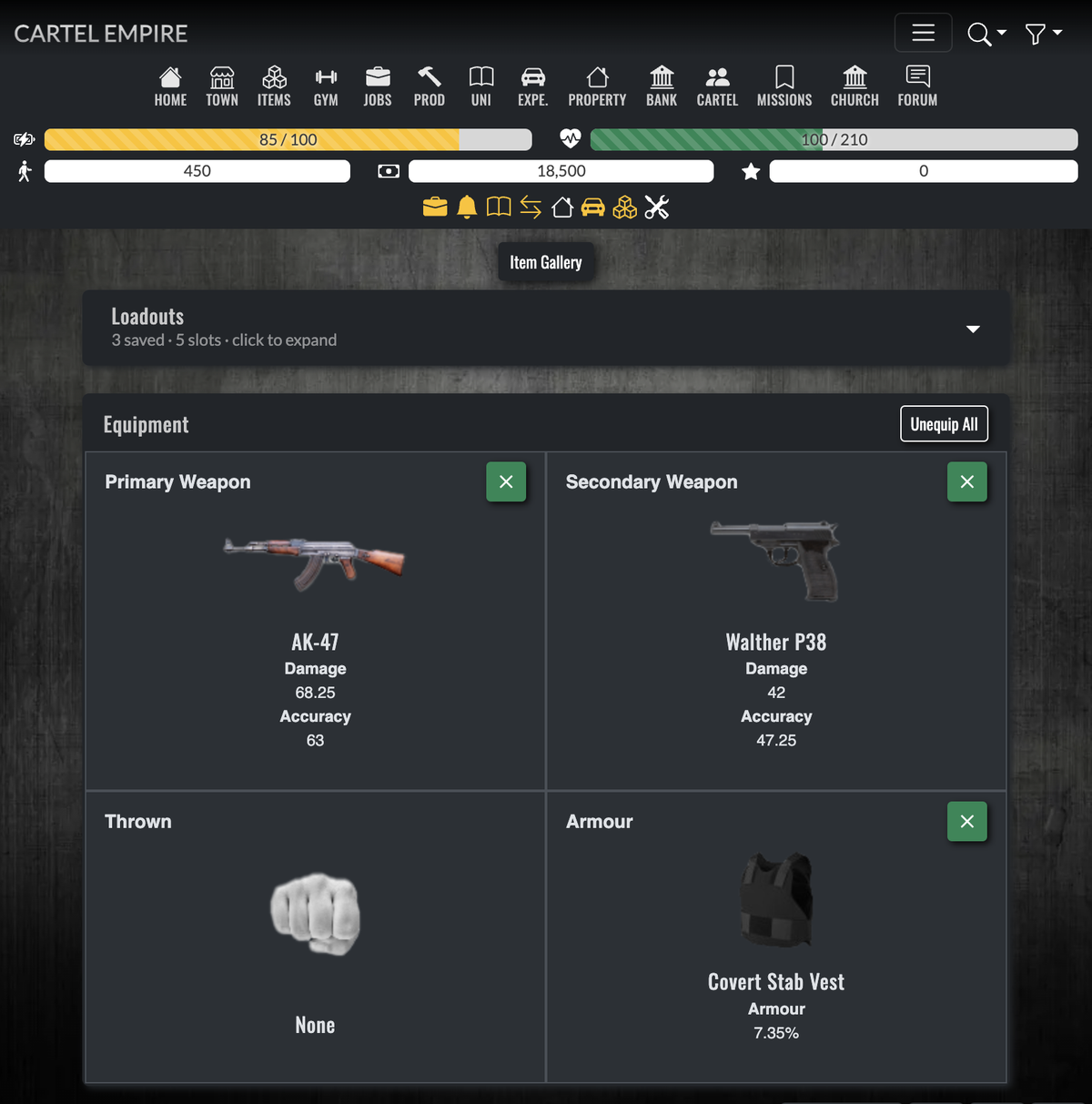 Inventory Equipment panel with Primary, Secondary, Thrown, and Armour slots